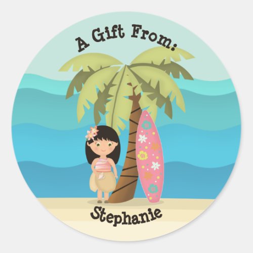 Hawaiian Surfer Girl Classic Round Sticker