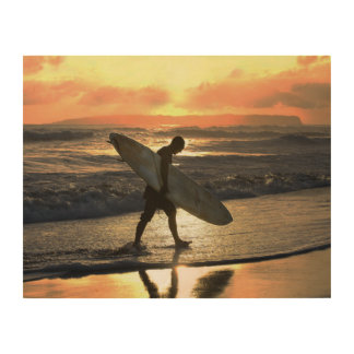 Hawaiian Surfer Heading Home at Sunset Wood Wall Art