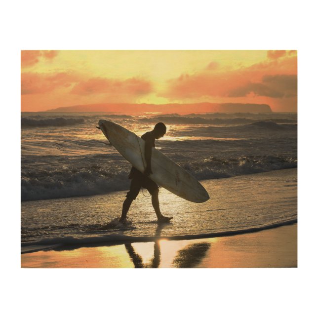 Hawaiian Surfer Heading Home at Sunset Wood Wall Art (Front)