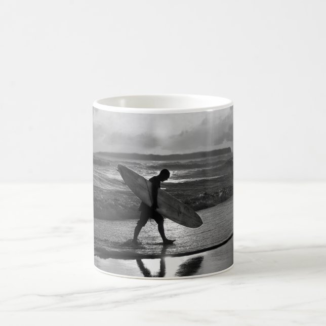 Hawaiian Surfer Heading Home, Black and White" Coffee Mug (Center)