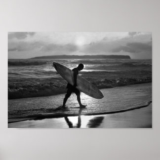 Hawaiian Surfer Heading Home, Black and White Poster