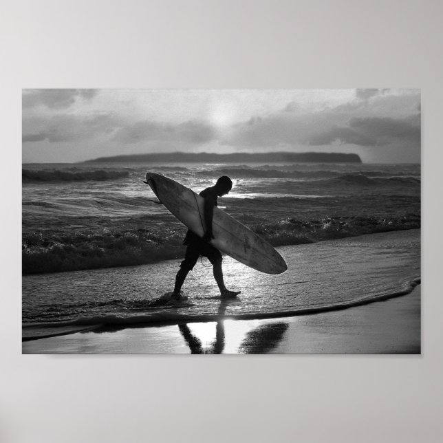 Hawaiian Surfer Heading Home, Black and White Poster (Front)