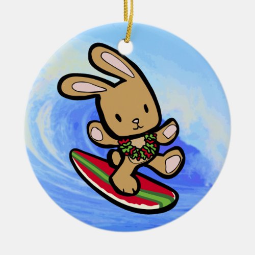 Hawaiian Surfing Bunny Holiday Cartoon Ceramic Ornament