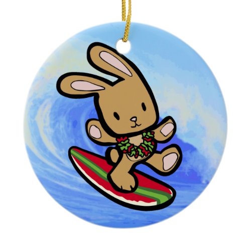 Hawaiian Surfing Bunny Holiday Cartoon Ceramic Ornament