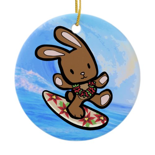 Hawaiian Surfing Bunny Holiday Cartoon Ceramic Ornament