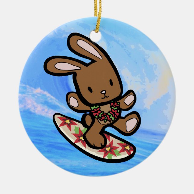Hawaiian Surfing Bunny Holiday Cartoon Ceramic Ornament (Front)