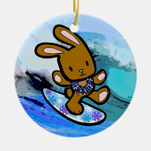 Hawaiian Surfing Bunny Holiday Cartoon Ceramic Ornament