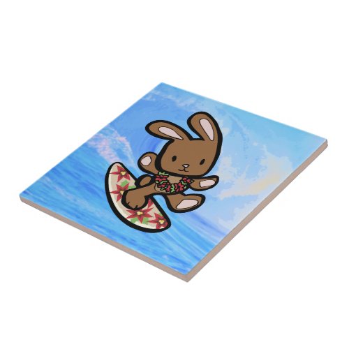 Hawaiian Surfing Bunny Holiday Cartoon Ceramic Tile