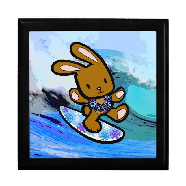 Hawaiian Surfing Bunny Holiday Cartoon Keepsake Box (Front)