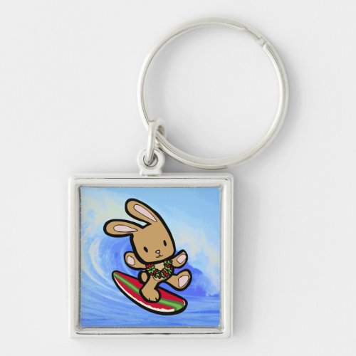 Hawaiian Surfing Bunny Holiday Cartoon Keychain