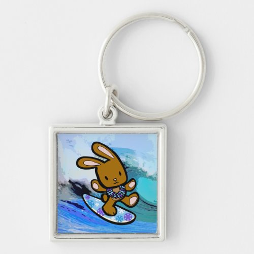 Hawaiian Surfing Bunny Holiday Cartoon Keychain