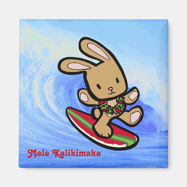 Hawaiian Surfing Bunny Holiday Cartoon Magnet (Front)