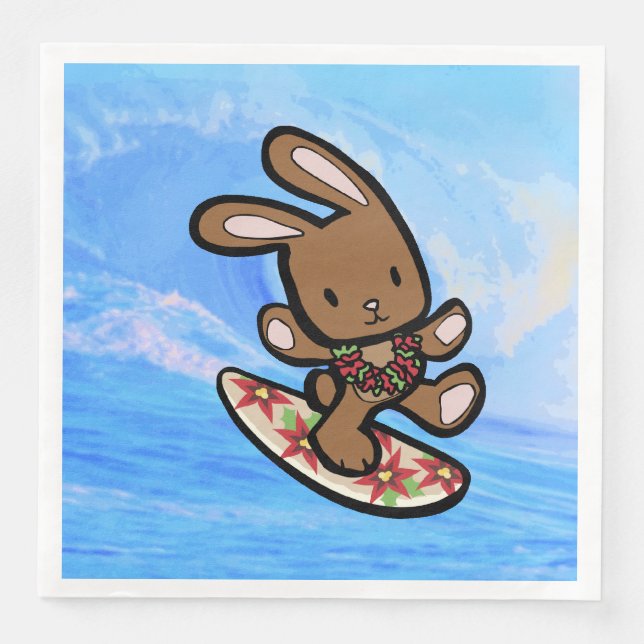 Hawaiian Surfing Bunny Holiday Cartoon Paper Dinner Napkins (Front)
