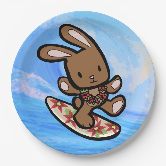 Hawaiian Surfing Bunny Holiday Cartoon Paper Plates (Front)
