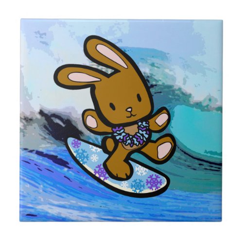 Hawaiian Surfing Bunny Holiday Cartoon Tile