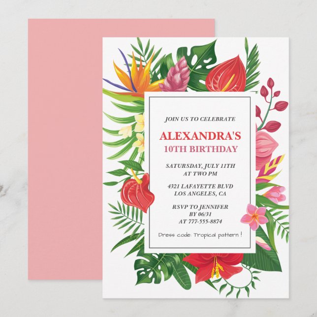 Hawaiian themed 10th birthday party Hibiscus Invitation (Front/Back)