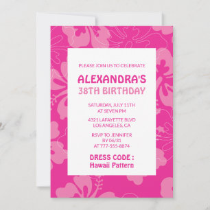 Hawaiian themed 38th birthday party pink invitation