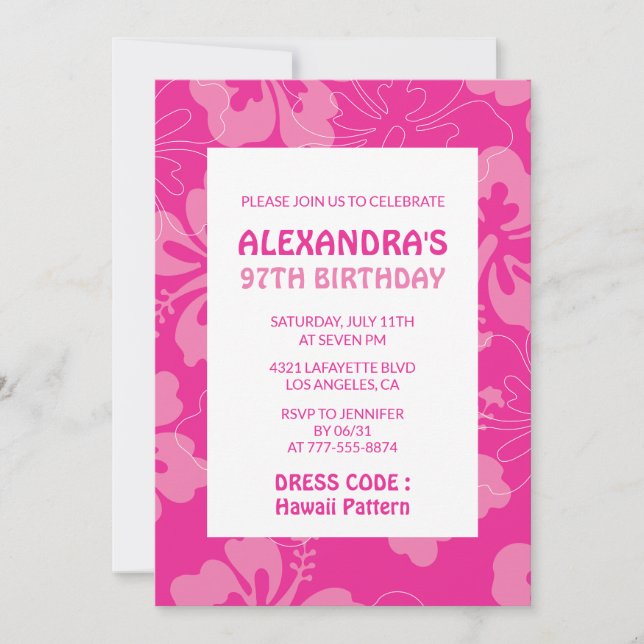 Hawaiian themed 97th birthday party pink invitation (Front)