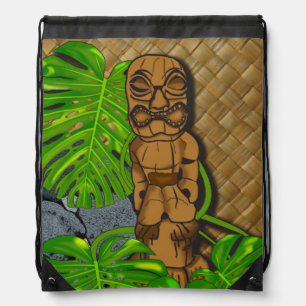 Hawaiian Tiki Lauhala Drawstring Backpack