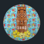 Hawaiian Tiki Mask Dart Board<br><div class="desc">Hawaiian Tiki Mask with yellow hibiscus flowers at it's base,  the state flower of Hawaii with a background pattern of retro surfboards.</div>