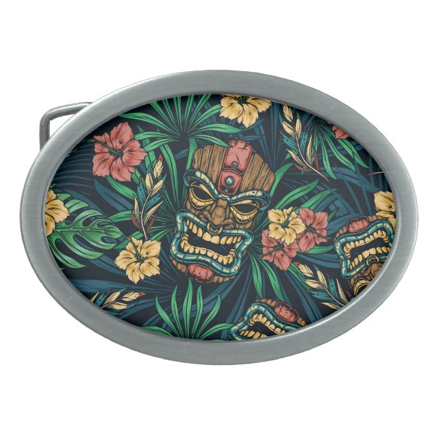 Hawaiian Tiki Mask Tropical Pattern Belt Buckle (Front)