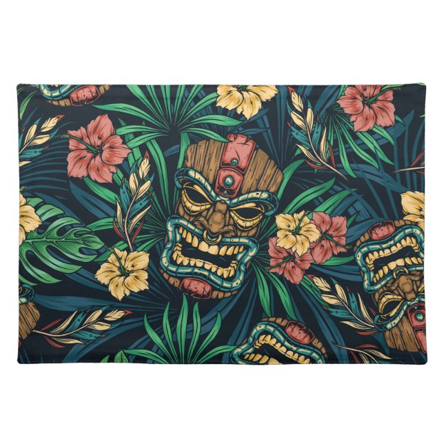Hawaiian Tiki Mask Tropical Pattern Cloth Placemat (Front)