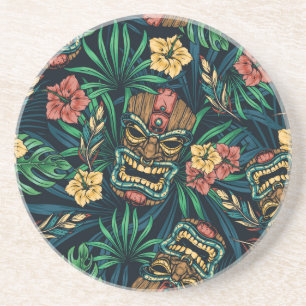 Hawaiian Tiki Mask Tropical Pattern Coaster