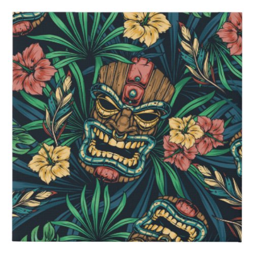 Hawaiian Tiki Mask Tropical Pattern Faux Canvas Print