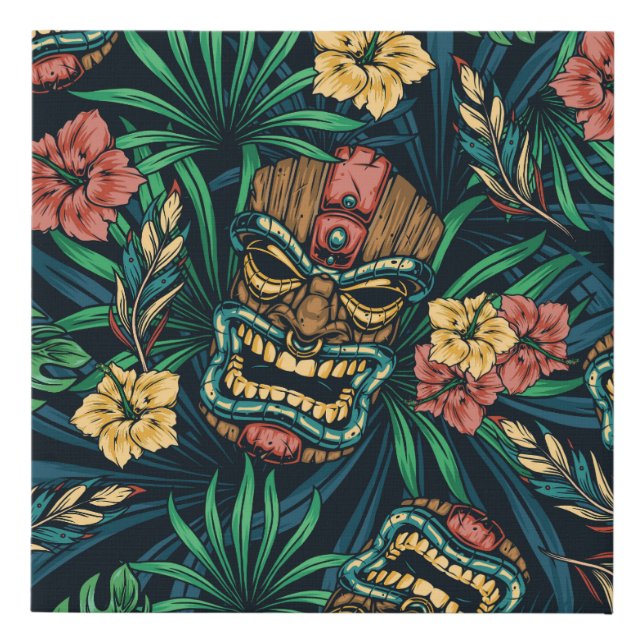 Hawaiian Tiki Mask Tropical Pattern Faux Canvas Print (Front)