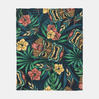 Hawaiian Tiki Mask Tropical Pattern Fleece Blanket