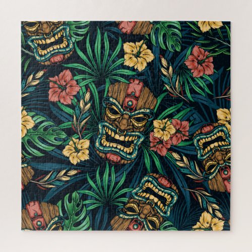 Hawaiian Tiki Mask Tropical Pattern Jigsaw Puzzle