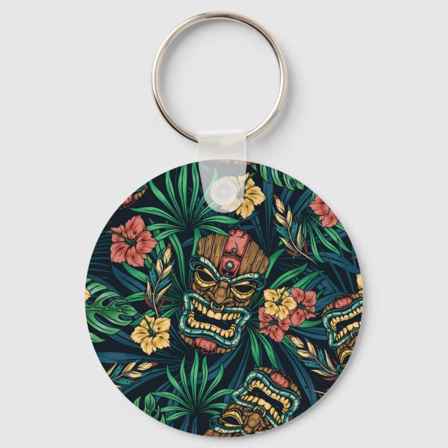 Hawaiian Tiki Mask Tropical Pattern Keychain (Front)