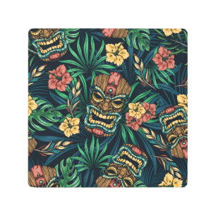 Hawaiian Tiki Mask Tropical Pattern Metal Print