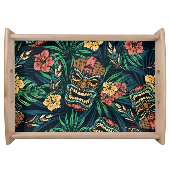 Hawaiian Tiki Mask Tropical Pattern Serving Tray (Front)