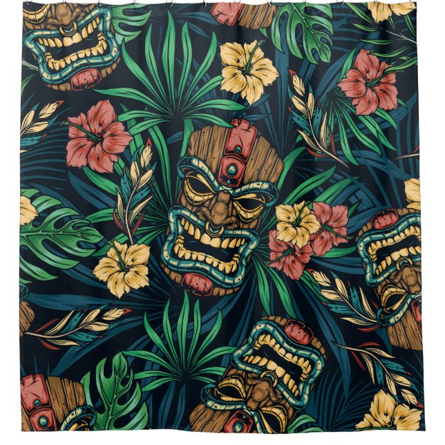 Hawaiian Tiki Mask Tropical Pattern Shower Curtain (Front)