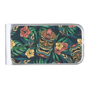 Hawaiian Tiki Mask Tropical Pattern Silver Finish Money Clip