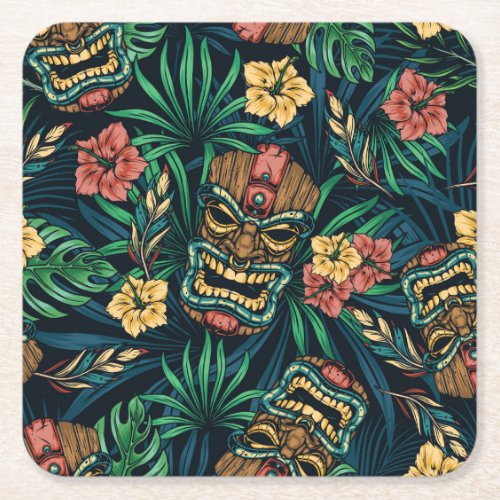 Hawaiian Tiki Mask Tropical Pattern Square Paper Coaster