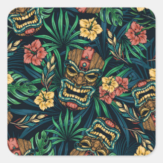 Hawaiian Tiki Mask Tropical Pattern Square Sticker
