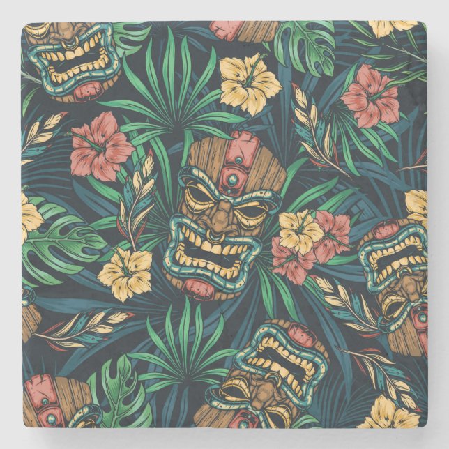 Hawaiian Tiki Mask Tropical Pattern Stone Coaster (Front)