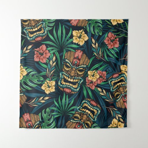 Hawaiian Tiki Mask Tropical Pattern Tapestry