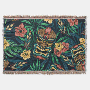 Hawaiian Tiki Mask Tropical Pattern Throw Blanket