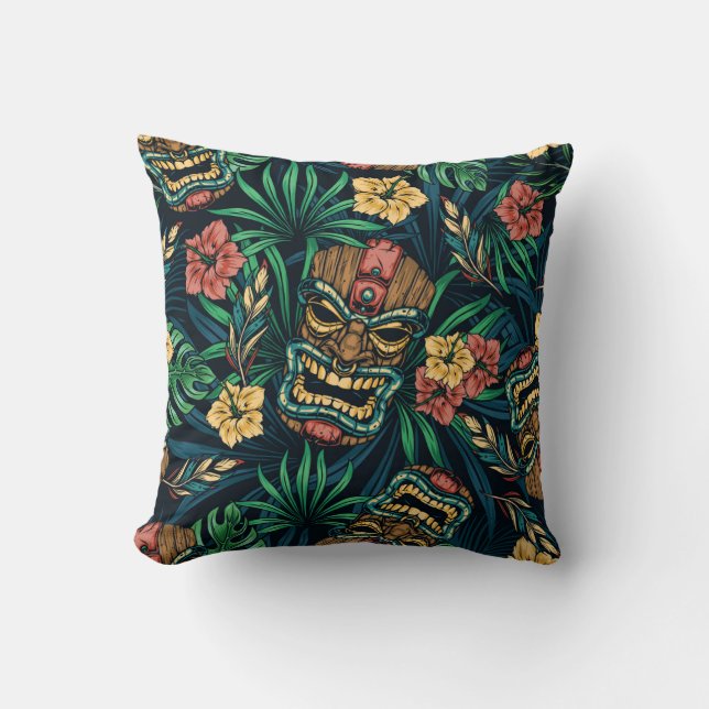 Hawaiian Tiki Mask Tropical Pattern Throw Pillow (Front)