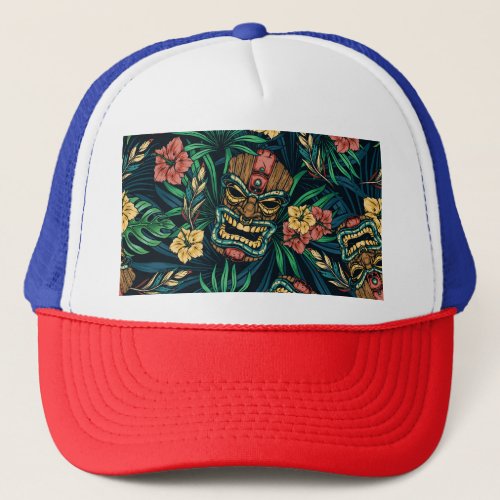 Hawaiian Tiki Mask Tropical Pattern Trucker Hat