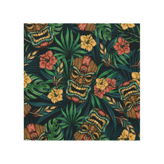 Hawaiian Tiki Mask Tropical Pattern Wood Wall Art