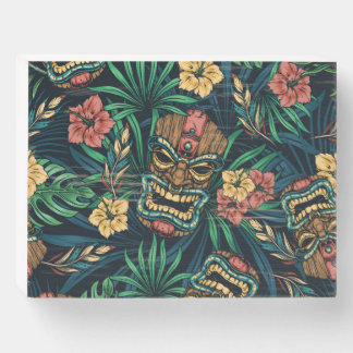 Hawaiian Tiki Mask Tropical Pattern Wooden Box Sign