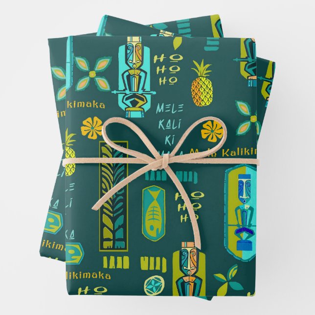 Hawaiian Tiki Mele Kalikimaka Gift Wrap (In situ)