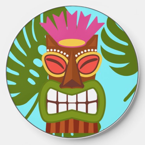 Hawaiian Tiki Statue With Monstera Leaves Wireless Charger