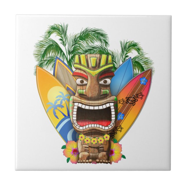 Hawaiian Tiki Surfing Ceramic Tile (Front)