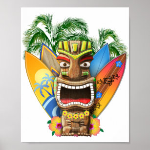 Hawaiian Tiki Surfing Poster