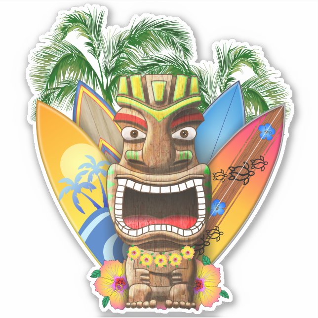 Hawaiian Tiki Surfing Sticker (Front)